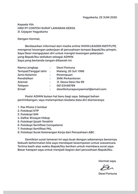 Surat Lamaran Kerja Yang Benar Surat Lamaran Kota Ku Contoh