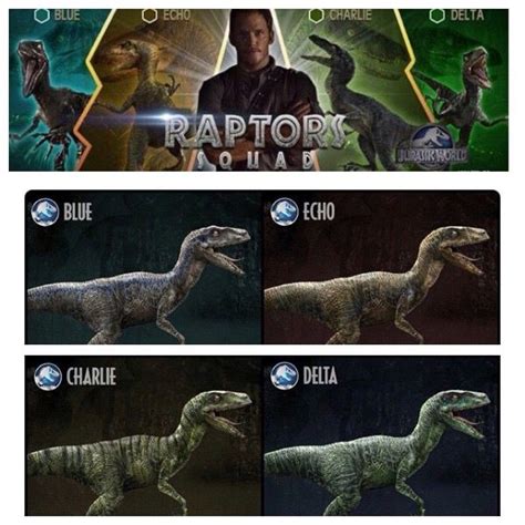 A Photo Collage Of Raptor Squad From Jurassic World Blue Echo Charlie Delta Also Chris Pratt