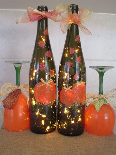 Fallthanksgiving Hand Painted Pumpkin And Leaves Lighted Wine Bottle