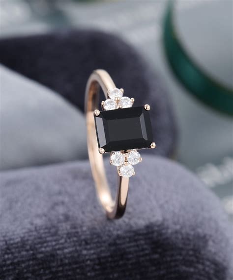 Black Onyx Engagement Ring Women Unique Emerald Cut Diamond Etsy