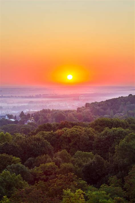 Exciting Sunrise Over Fogged City And Park Aerial View Lviv Stock