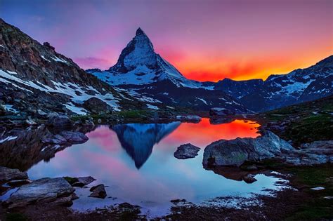 Sunset Landscape Mountain Sky Matterhorn Switzerland The Alps Reflection Wallpaper X