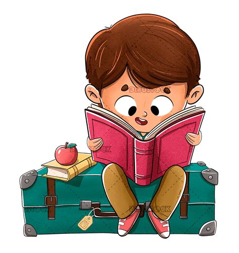 Niño Leyendo Un Libro Sentado En Una Maleta Dibustock Ilustraciones