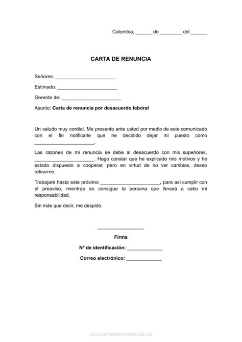 Carta De Renuncia Por Desacuerdo Laboral Ejemplos ️