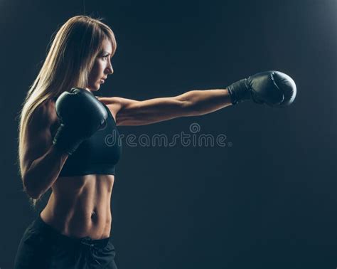 Beautiful Woman With The Red Boxing Glovesblack Background Stock Image