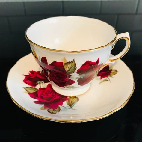 Vintage Royal Vale Tea Cup And Saucer England Fine Bone China Dark Red Roses Gold Trim Farmhouse