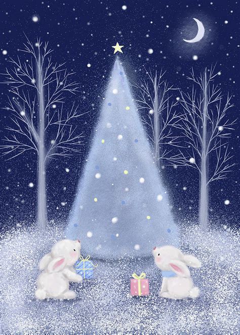 Christmas Tree With Rabbits Mixed Media By Makiko