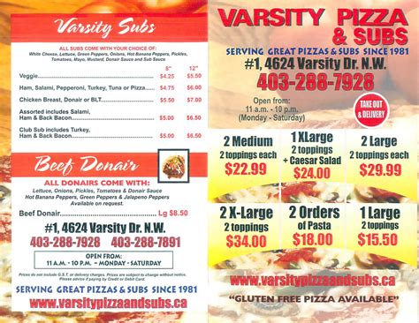 menu at varsity pizza and subs pizzeria calgary varsity dr nw