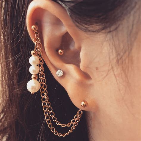 Helix To Lobe Double Chain Earring Pearl Helix Chain Earring Ear