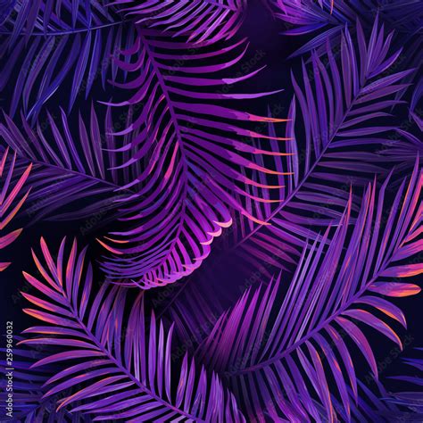 Tropical Neon Palm Leaves Seamless Pattern Purple Colored Floral