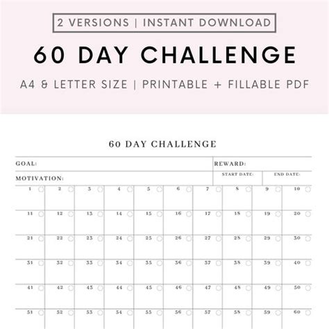 60 Day Challenge Tracker Printable Pdf Habit Tracker Etsy