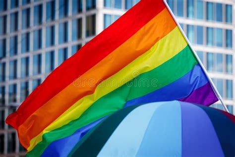 Lgbt Pride Rainbow Flag During Parade In The City Stock Photo Image