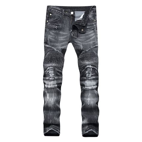 New Ripped Jeans Men Stretch Cargo Denim Biker Jeans With Zippers Pleated Straight Brand Jeans