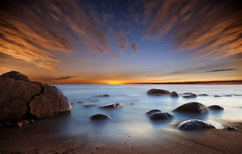 Wallpaper Sea Beach The Sky Stars Clouds Light Night Stones The