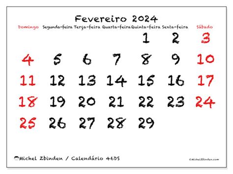 Calendário De Fevereiro De 2024 Para Imprimir “46ds” Michel Zbinden Pt