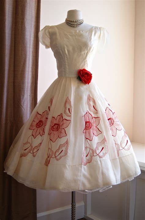 Just In 1950 S Silk Organza Party Dress With Embroidered Red Flowers 1950s Dresses Vintage