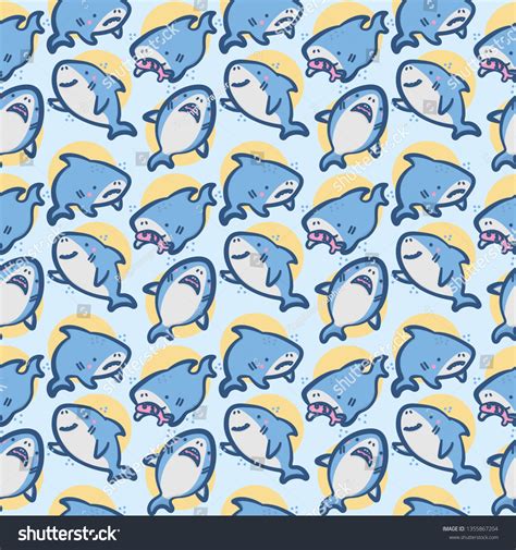 Kawaii Shark Seamless Pattern Cute Funny Stock Vector Royalty Free
