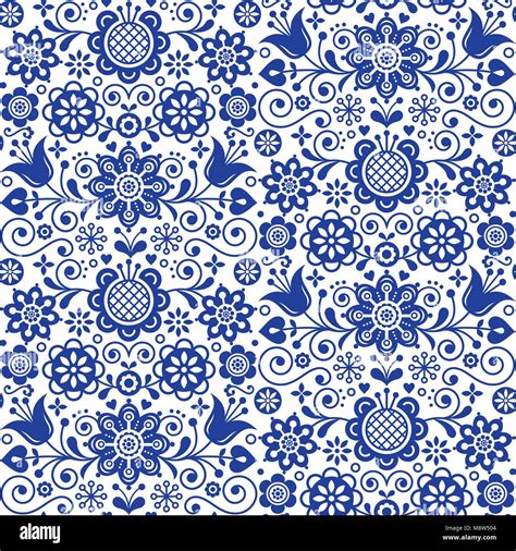 Floral Seamless Folk Art Vector Pattern Scandinavian Navy Blue