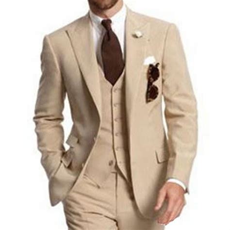 Beige Three Piece Business Party Best Men Suits Peaked Lapel Two Button