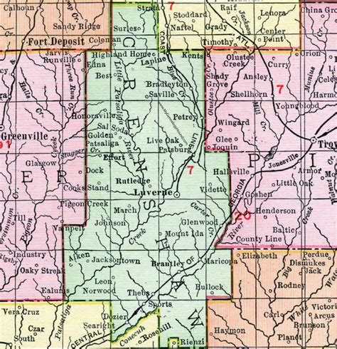 Crenshaw County Alabama Map 1911 Luverne Brantley Rutledge