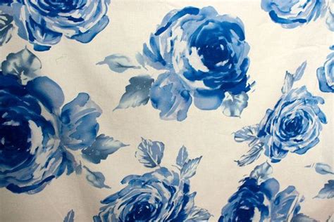 Retro Blue Rose Print Cotton Fabric Large Scale Floral Etsy Rose