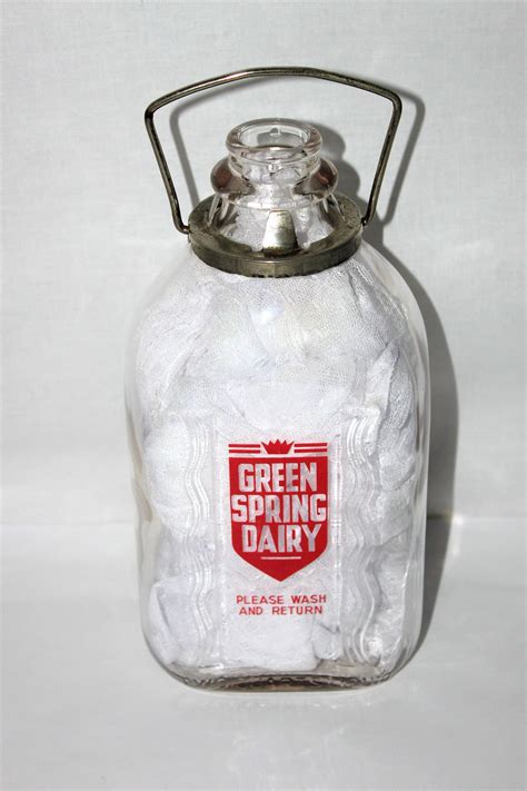 Vintage Two Quart Green Spring Dairy Glass Milk Bottle With Metal Handle