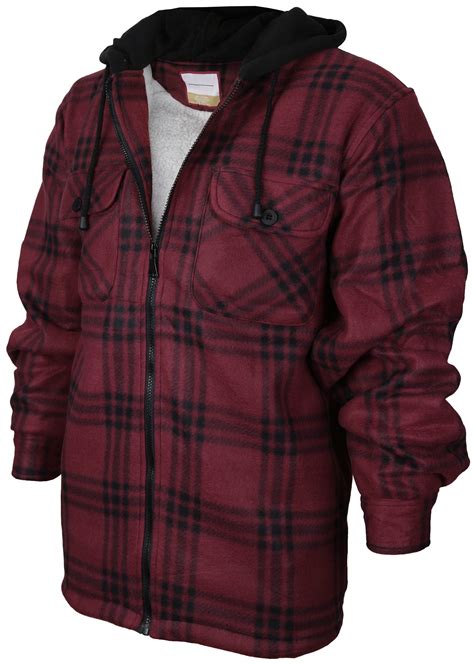 Mens Heavyweight Flannel Zip Up Fleece Lined Plaid Sherpa Hoodie Jacket