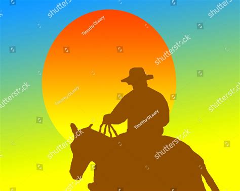 Orange Sun And Silhouette Of Cowboysunset Cowboyillustration