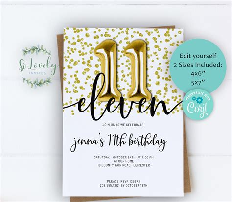 Gold Glitter 11th Birthday Invitation Edit Yourself Birthday Etsy