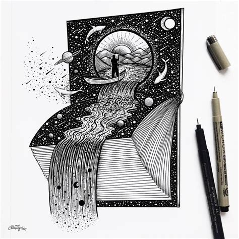 Space Waterfall Book Fantasy And Surrealism In Ink Illustrations By