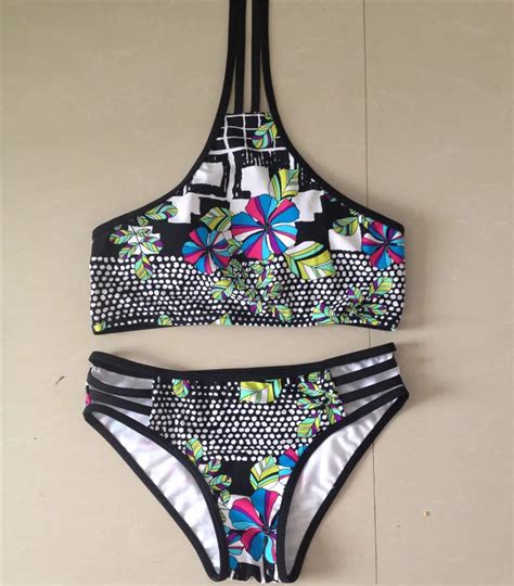sport bikinis set women high neck halter bikini crop top tank swimwear retro racerback caged