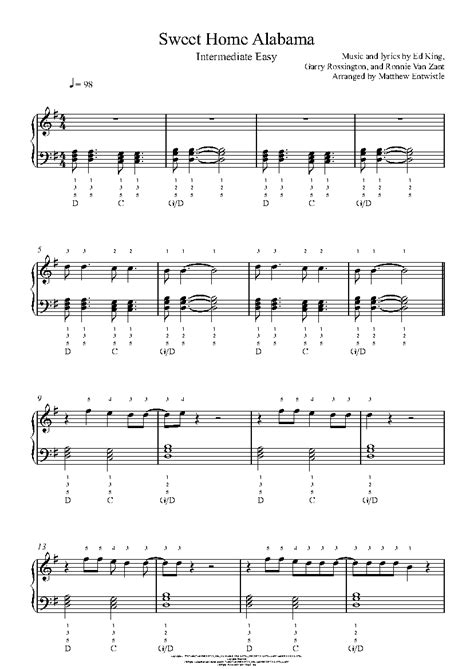 Sweet Home Alabama By Lynyrd Skynyrd Piano Sheet Music Intermediate