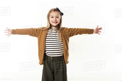 Adorable Little Child With Outstretched Arms Ready To Hug Isolated On