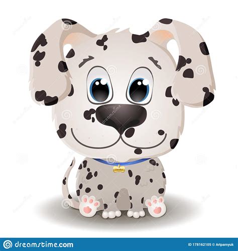 Vector Cute White With Spotted Dog With Big Eyes In Cartoon Style