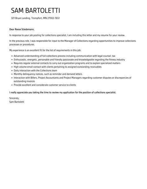 Collections Specialist Cover Letter Velvet Jobs