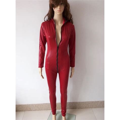 New Plus Size Women Red Sexy Faux Leather Catsuit Jumpsuit Costumes Adult Catsuits Zipper To