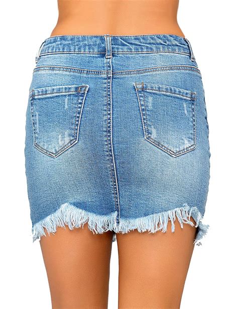 Womens Casual Mid Waisted Washed Frayed Pockets Denim Jean Short Skirt Denim Fit