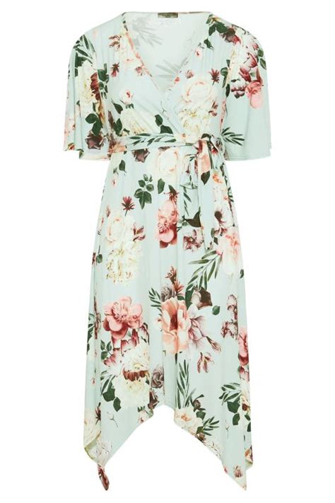 Yours London Plus Size Sage Green Floral Hanky Hem Dress Yours Clothing