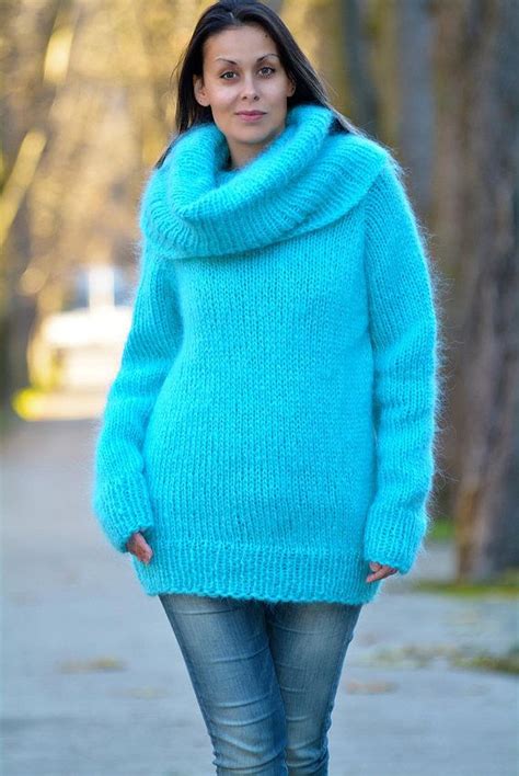 Designer Hand Knitted Mohair Sweater Blue Turtleneck Fuzzy Jumper Cowl
