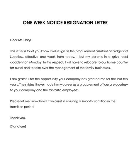 One 1 Week Notice Resignation Letter Samples With Guide