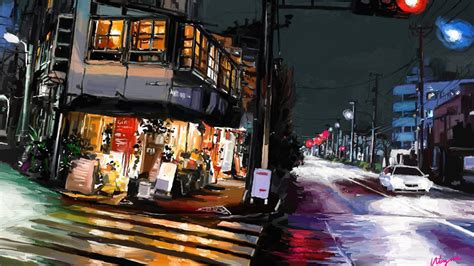 Wallpaper Lights City Street Night Car Rain Road Artwork
