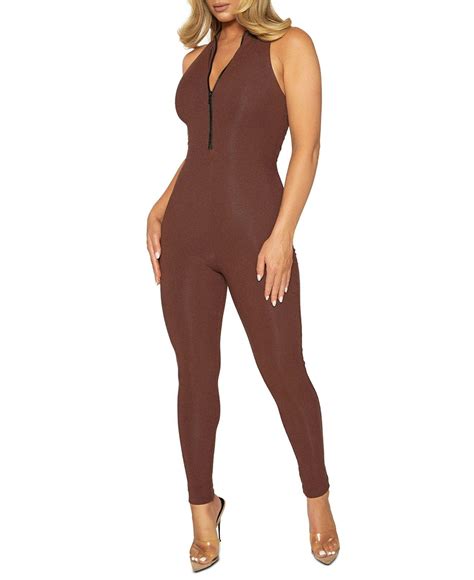 Naked Wardrobe Zipped Up Snatched Jumpsuit In Brown Lyst