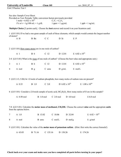 Chem105 Unit 5 Practice Test Unit 5 Practice Test 1 See Also Sample