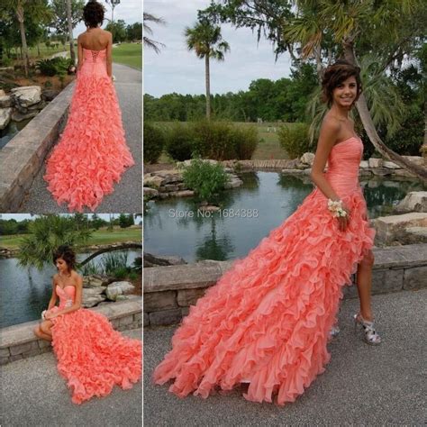 Coral Prom Dresses High Low Ruffles Organza Evening Dresses Sweetheart