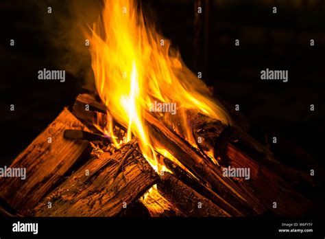 Hot Fire Flames Of Wood Fire In Cold Winter Night Stock Photo Alamy