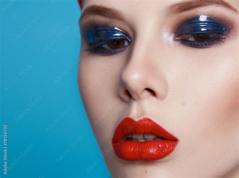 Beautiful Sexy Woman Color Makeup Red Lips Blue Eyes Cosmetics Stock
