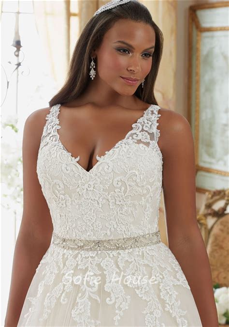 Ball Gown V Neck Sheer Back Tulle Lace Plus Size Wedding Dress Crystals