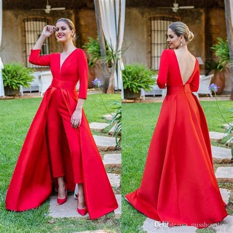 Red Long Sleeves V Neck Long Jumpsuit For Evening Party Wear Backless