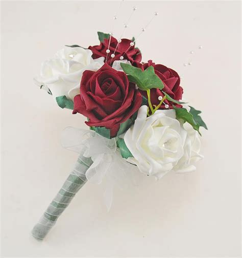 Burgundy And Ivory Rose Bridesmaids Wedding Posy With Diamante Brooch