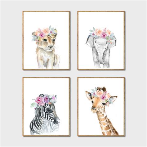 Animals Floral Crown Art Decor Canvas Painting Baby Girl Prints Animal
